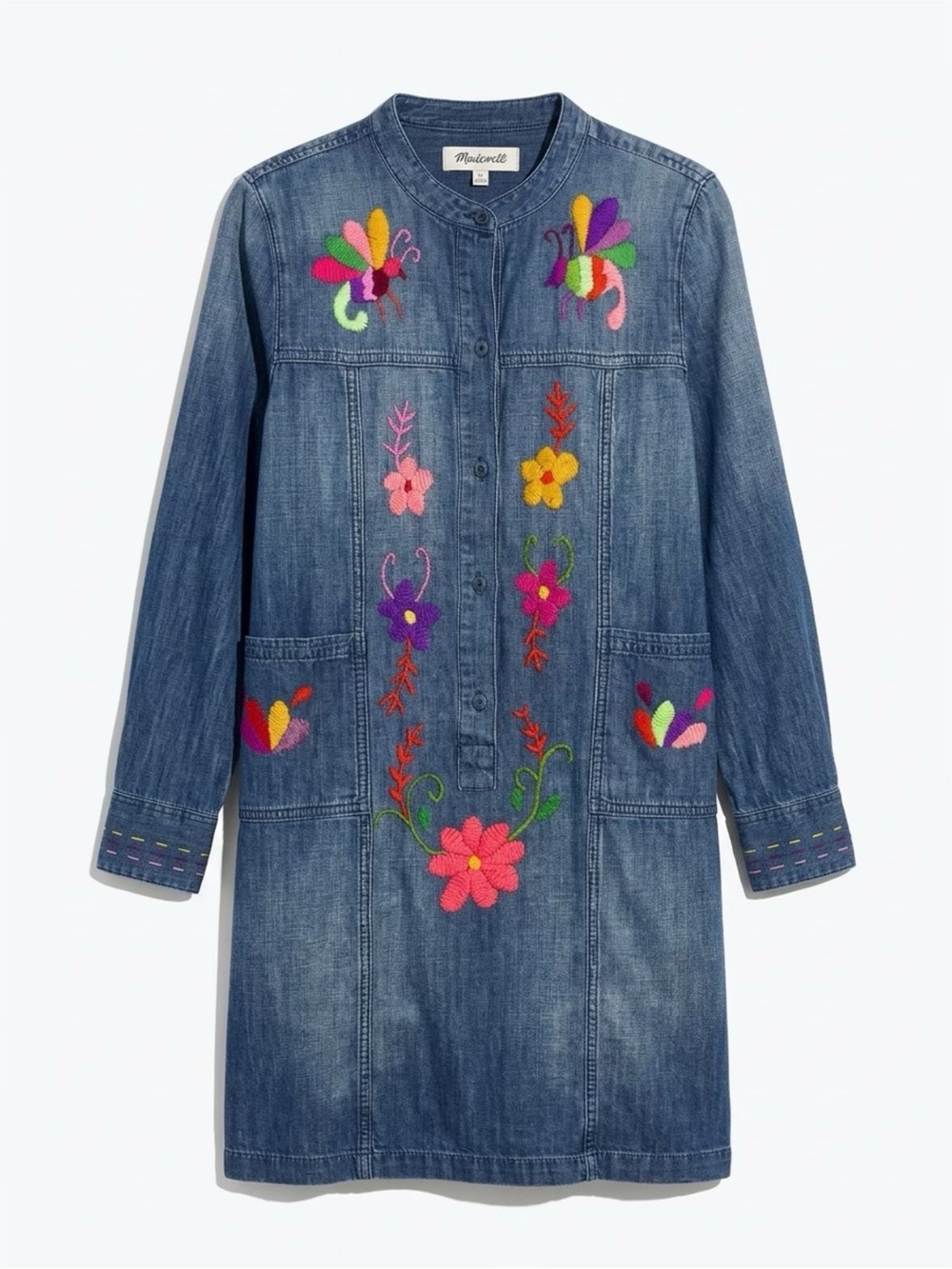 Madewell Blue Embroidered Denim Midi Dress with Multicolor Floral Accents XS